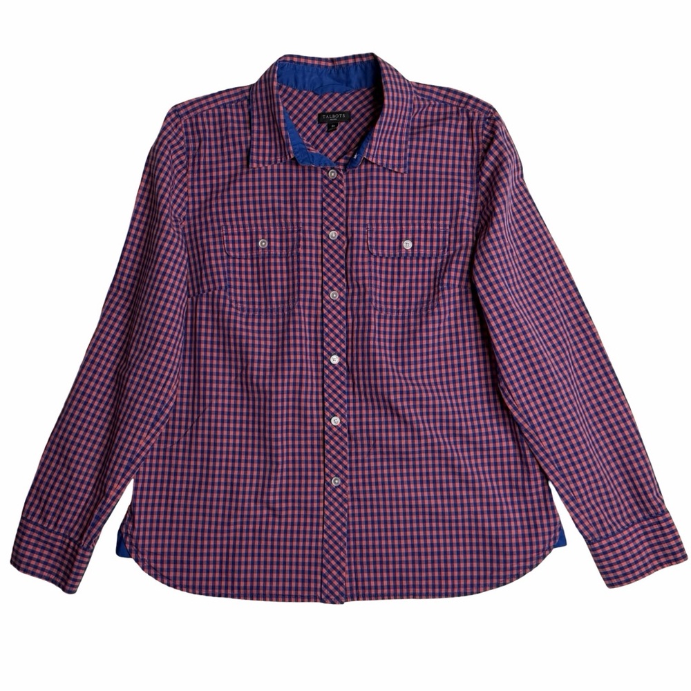 Talbots Gingham Button Down Cotton Shirt Navy‎ & Orange Women’s Sz 8P
